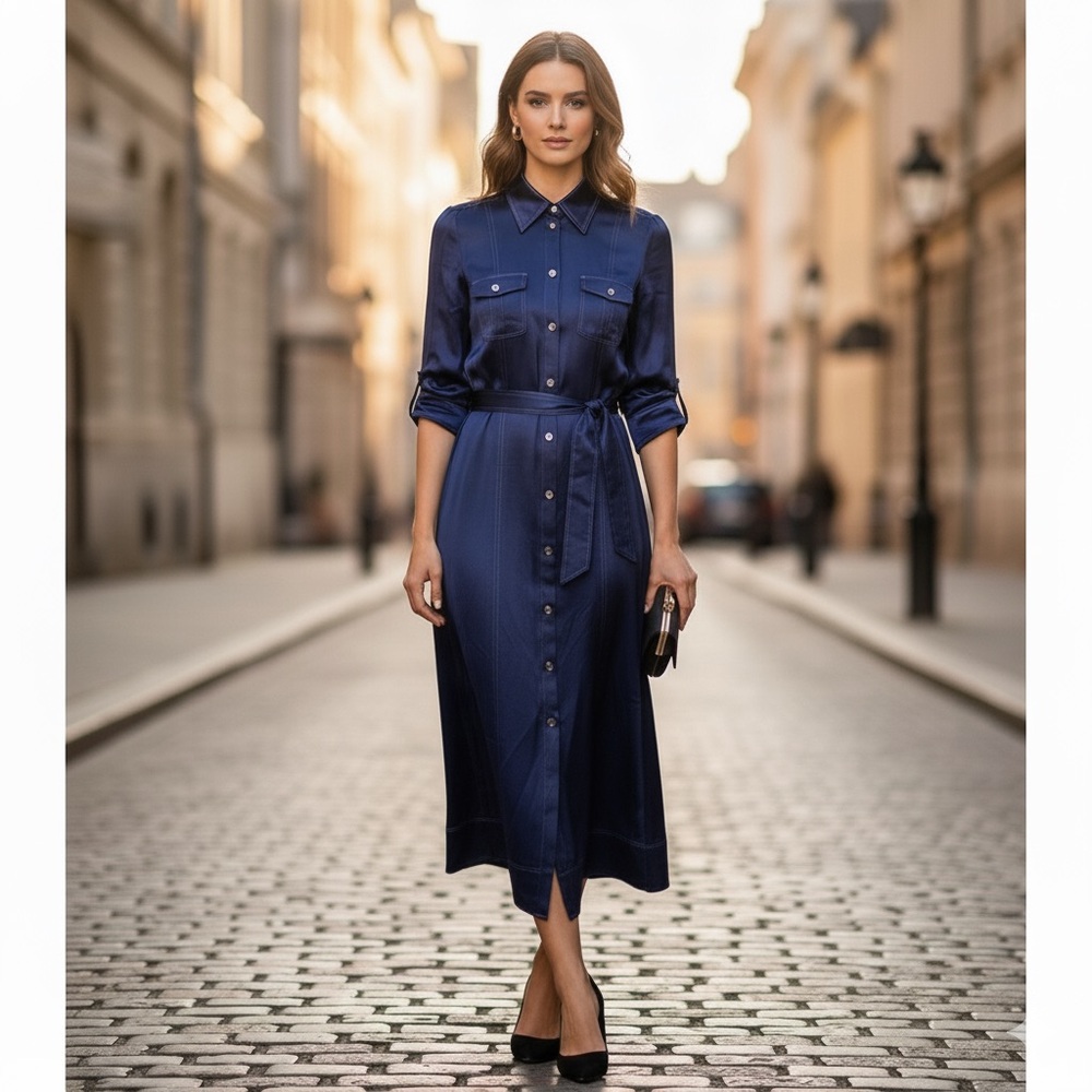 Silk Dress Martin + Osa Midnight Blue 3/4 Sleeve